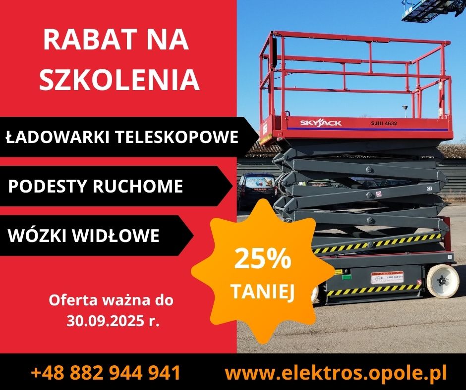 Promocja na szkolenie na operatora podestów ruchomych, wózków widłowych i ładowarek teleskopowych przy wynajmie podnośnika na min. 2 tygodnie